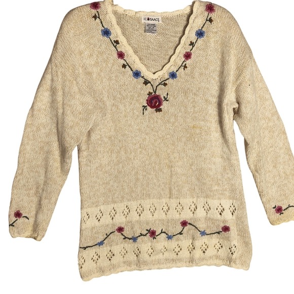 IC Isaacs Sweaters - Vintage IC Isaacs Floral Embroidered Ramie Cotton Sweater Womens M